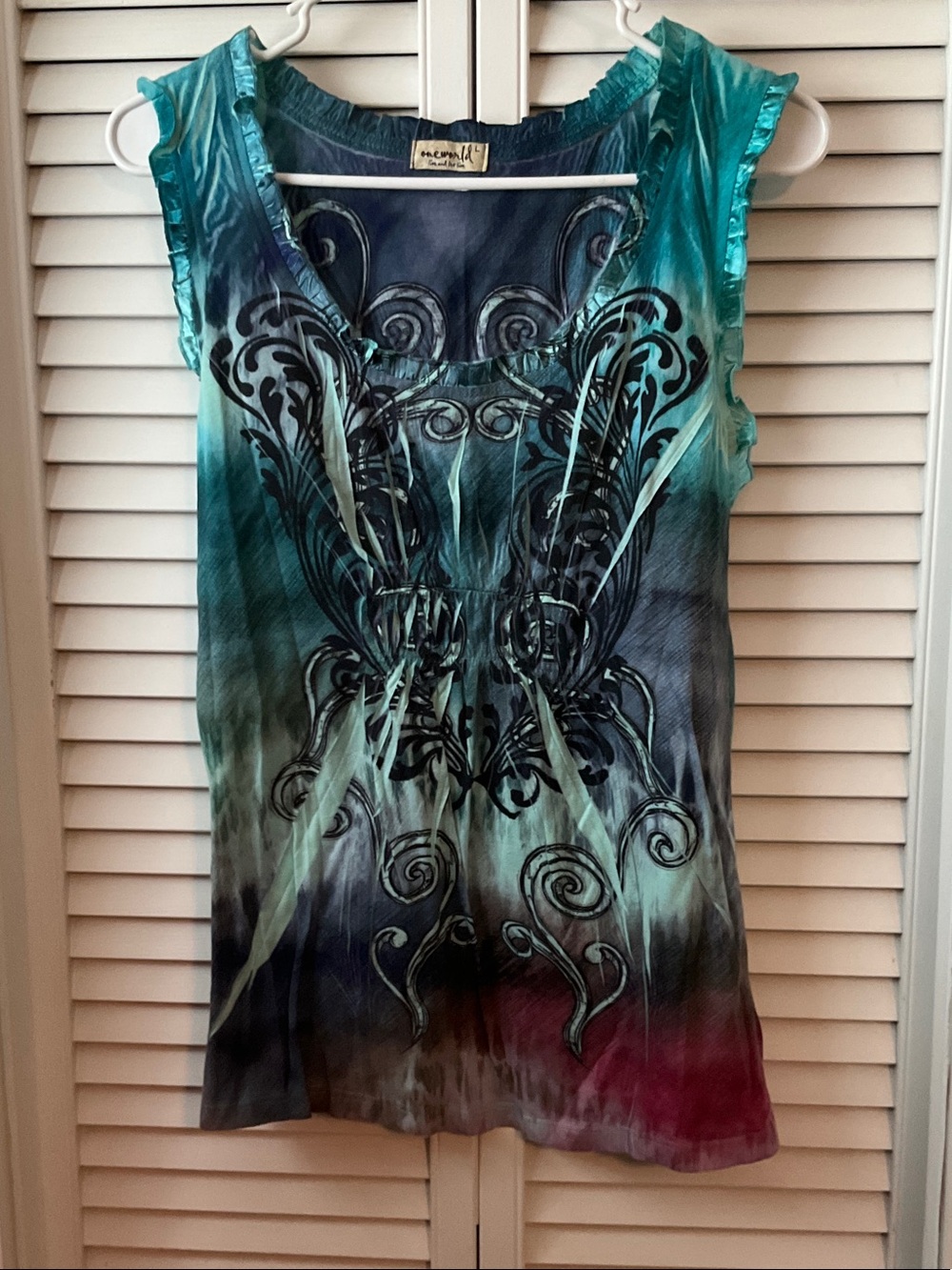 ONE WORLD Teal-to-Blue Ombre Tank with Black Graphic